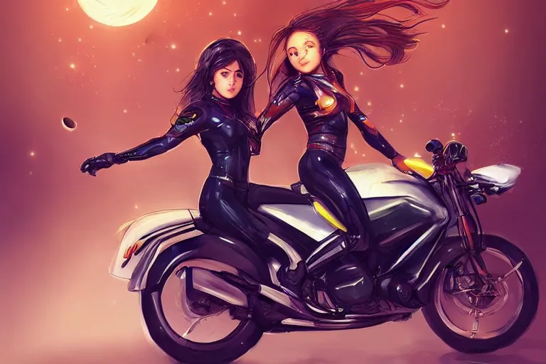 Image similar to a girl is riding a motorbike, the space background, digital painting by artgerm hyperdetailed trending on artstation trending on deviantart