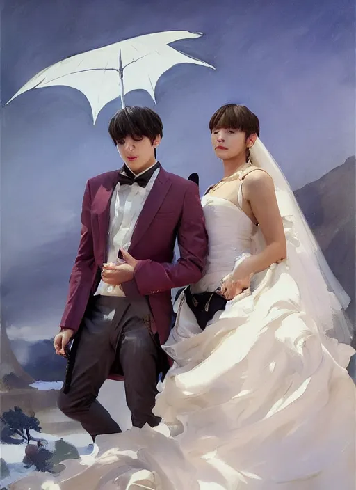 Image similar to jungkook and taehyung of bts getting married in las vegas, perfect eyes, jodhpurs hyperborea winter traveler treasure hunter greg manchess painting by sargent and leyendecker, fantasy, medium shot, matte painting, illustration, hearthstone, by rhads, by greg rutkowski, by greg tocchini, by james gilleard, by joe fenton