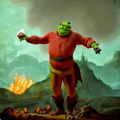 Prompt: baroque oil painting of shrek standing in hell, overcast, evil, lava and fire