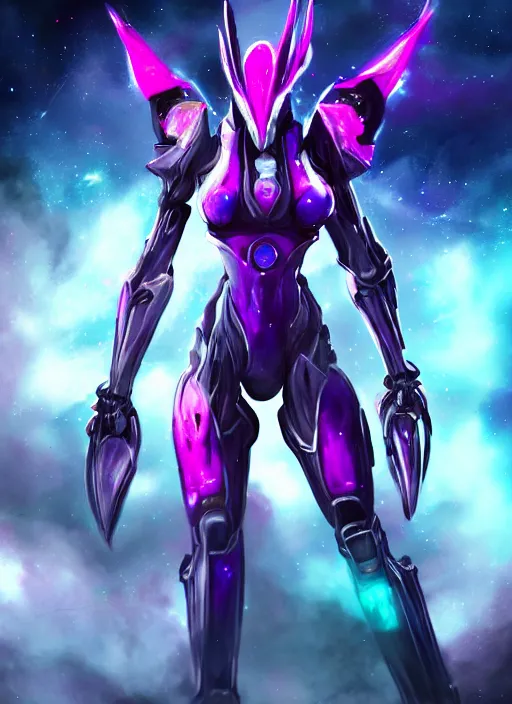 Image similar to cinematic shot, bust, cosmic sized perfectly proportioned stunning beautiful hot female warframe, robot mecha female dragon head, silver armor, fuschia leds, floating in empty space, nebula sized, holding a galaxy, epic proportions, epic size, epic scale, furry art, dragon art, giantess art, warframe fanart, furaffinity, deviantart