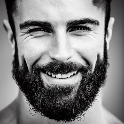 Image similar to Black and white photography of a very muscular man smiling with a chiseled jawline and trimmed beard