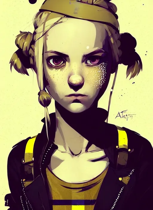 Image similar to highly detailed closeup portrait of a sewer punk pretty swedish female road warrior student, tartan garment, blonde hair pigtails with headband by atey ghailan, by greg rutkowski, by greg tocchini, by james gilleard, by joe fenton, by kaethe butcher, gradient yellow, black, brown and white color scheme, grunge aesthetic!!! white graffiti tag wall background