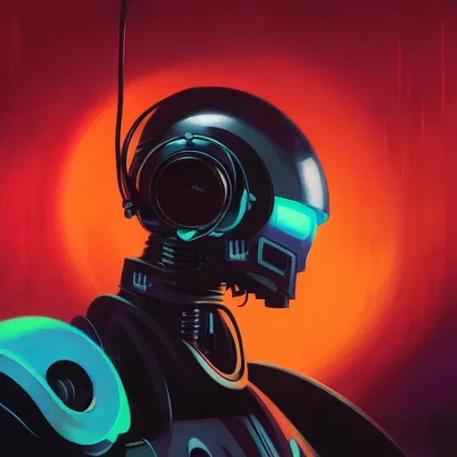 Image similar to a dark and colorful close - up side profile portrait of a sci - fi mecha robot with headphones, led lights glowing fog in the background. highly detailed science fiction painting by norman rockwell, frank frazetta, and syd mead. rich colors, high contrast, gloomy atmosphere, dark background. trending on artstation
