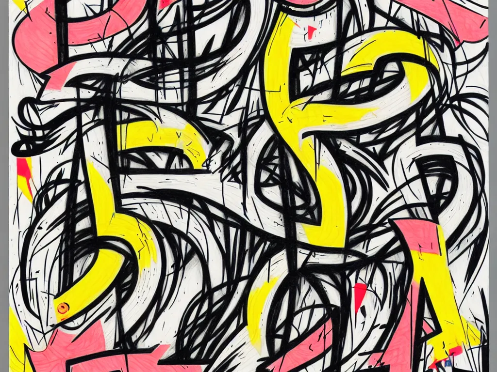 Image similar to pencil and marker illustration by doze green, strong linework, figurative abstraction and letterforms, graffiti, abstract typography, edo period, gesso and sumi ink