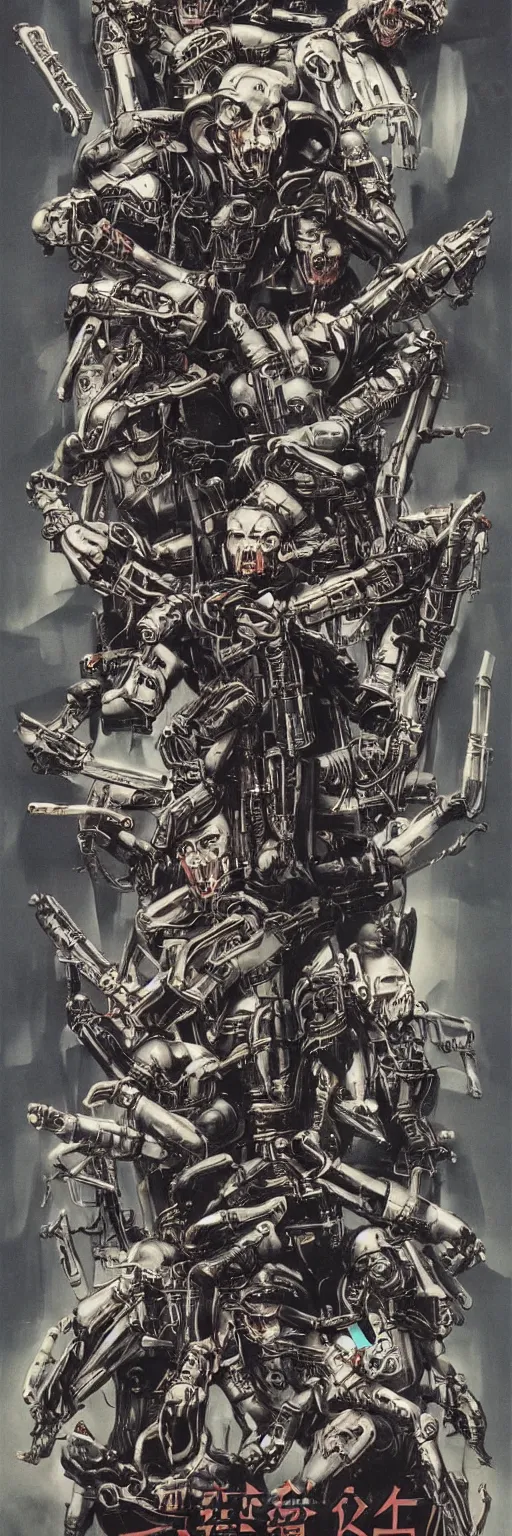 Image similar to Poster for the Movie Schwartzlicht,about Chinese Russian Zombie Troopers Designed By Yasushi Nirasawa battle Japanese America Cyborgs Designed by Syd Mead and Giger, 1970s style, very detailed, text says: Schwarzlicht