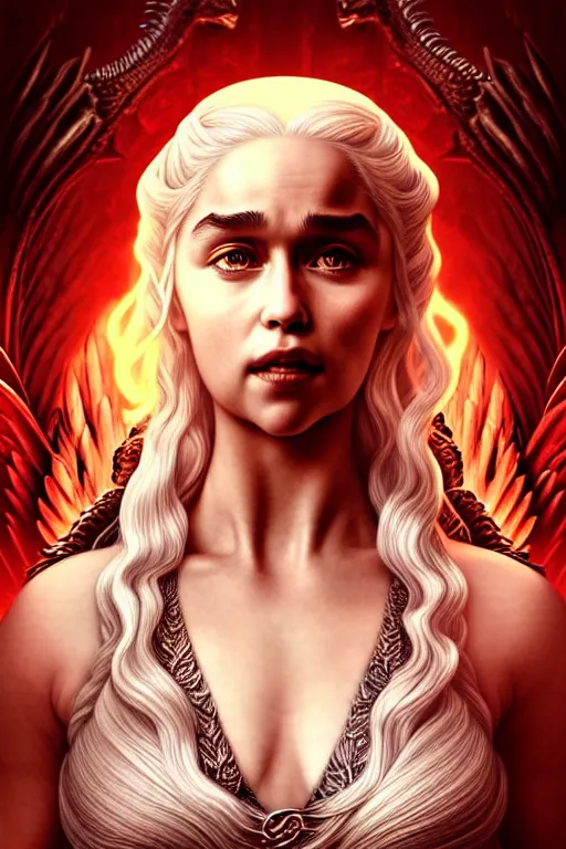 Image similar to beautiful daenerys targaryen ( khaleesi ) portrait, art deco, fantasy, intricate art deco dragon designs, elegant, highly detailed fractals, sharp focus, game of thrones art by artgerm and beeple and greg rutkowski and wlop