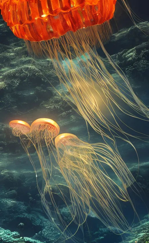 Prompt: giant glowing jellyfish made of fish with a transparent wet shell, watching over a sunken ancient city, photorealistic, 4K detailed post-processing, cinematic light, intricate detail, octane render
