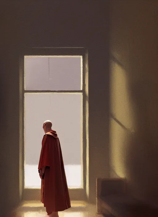 Prompt: oil painting of a franciscan monk in robes, looking out a window contemplatively, digital art, artstation, cinematic, golden hour, digital art painting by greg rutkowski