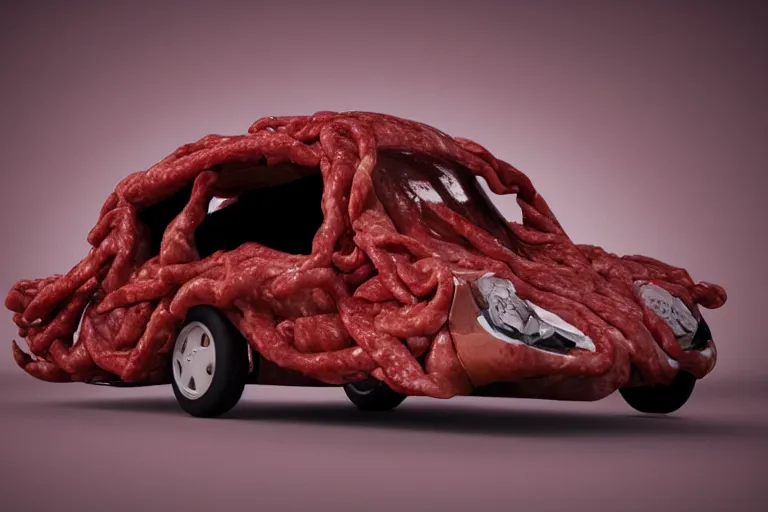 Prompt: car made of meat, sinister meat car, hd render, digital art