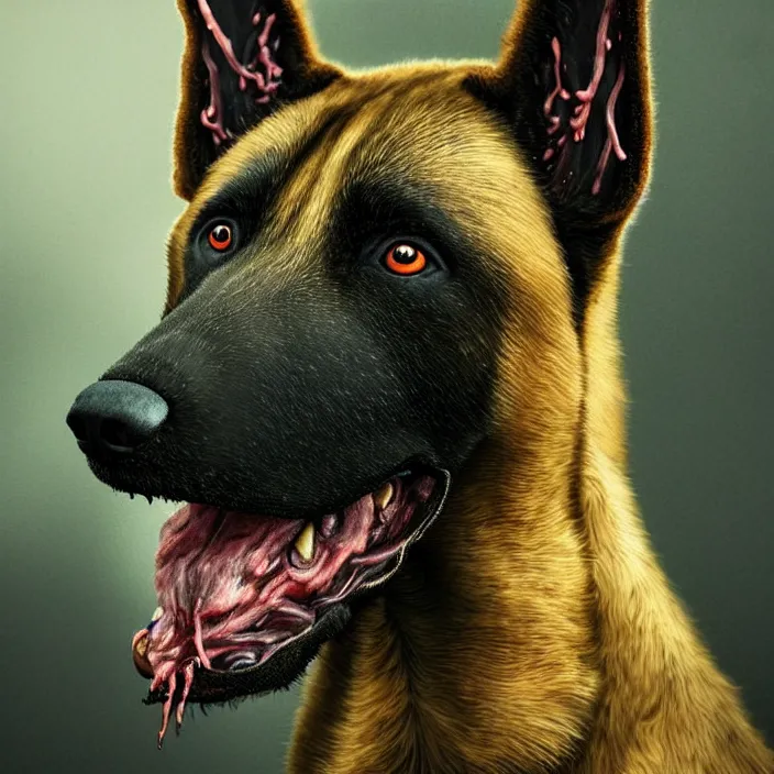 Image similar to portrait of belgian malinois. infected with zombie fungus. intricate abstract. intricate artwork. by Tooth Wu, wlop, beeple, dan mumford. octane render, trending on artstation, greg rutkowski, very coherent symmetrical artwork. cinematic, hyper realism, high detail, octane render, 8k, iridescent accents, deep blacks