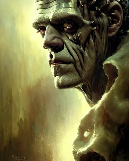 Image similar to portrait of boris karloff's frankenstein, fantasy character portrait, ultra realistic, concept art, intricate details, highly detailed by greg rutkowski, gaston bussiere, craig mullins, simon bisley