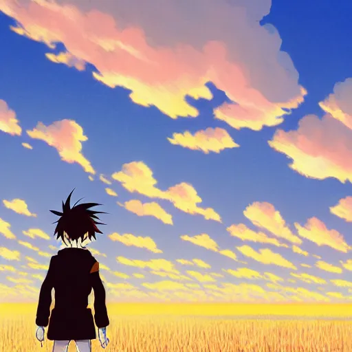 Image similar to anime, sharp focus, breath taking beautiful, Aesthetically pleasing, field of grain at golden hour, digital concept art by Hayao Miyazaki and Akira Toriyama and Makoto Shinkai and Studio Ghibli, fine art, official media, high definition, illustration, ambient lighting, HDR, HD, 8K, award winning, trending, featured, masterful, dynamic, energetic, lively, elegant, intricate, complex, highly detailed, Richly textured, Rich vivid Color, masterpiece.