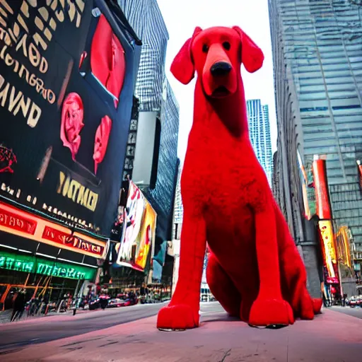 Prompt: a long shot of Clifford a big red dog 25 feet tall photographed in New York City, Times Square avenue barking at random tourists, 4k, detailed