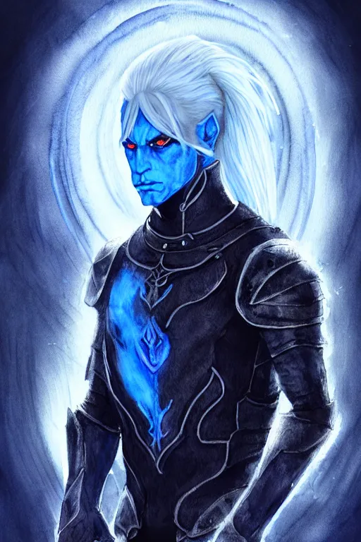 Prompt: male drow with white hair in a pony tail and a goatee and glowing blue eyes wearing black leather armor, fantasy, intricate, elegant, highly detailed, digital painting, artstation, concept art, matte, sharp focus, distressed watercolor illustration, epic fantasy, moody, dark mood, digital watercolor painting