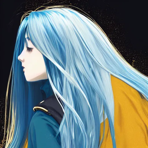 Prompt: side profile of rimuru tempest crying with sky blue hair, long hair, gold eyes, high collar, black jacket with white stripes | shiny, highly detailed, rain, professional digital painting, concept art, award - winning photography, cinematic, wlop | art by pixiv art, ilya kuvshinov yoshitaka amano