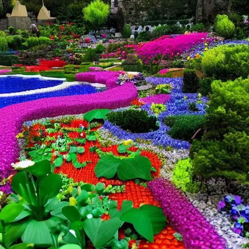 Image similar to a gorgeous garden on the edge of a cliff filled with beautiful flowers of all colors and from all around the world, fully in lego bricks