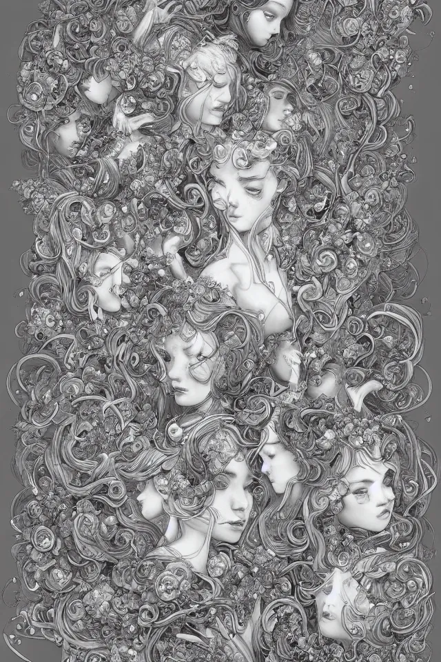 Image similar to collection of beautiful celestial females exposed in cryo chamers , by James Jean, intricate, elegant, highly detailed, centered , digital art