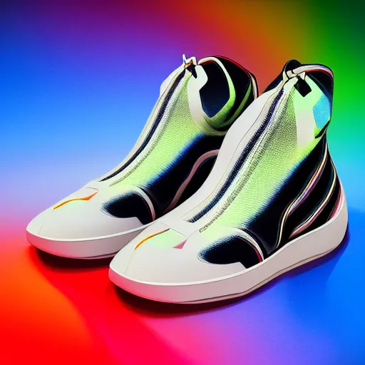 Image similar to futuristic balenciaga and vetements sneakers by felipe pantone ultra rendered extreme realism and detail, 8 k, highly detailed, realistic, completely framed, pbr, surreal, hyper realistic, colorful, direct lighting, 3 5 mm photo, photorealistic, sharp focus,