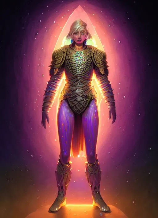 Image similar to a knight faceless glowing liquefied stardust adventurer, dnd fantasy character, full body portrait, glowing neon skin, magical aura, ultra realistic, intricate, elegant, highly detailed, digital painting, artstation, smooth, sharp, focus, illustration, art by artgerm and greg rutkowski and alphonse mucha and dan mumford, sacred geometry