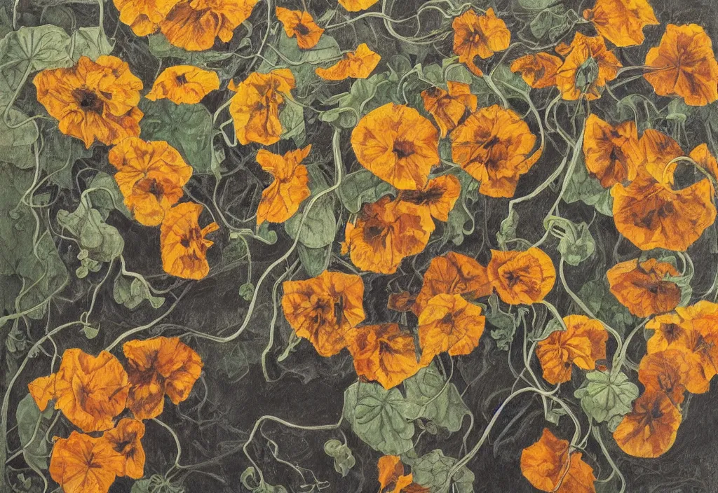 Image similar to award winning fine artwork about withered sunflowers and dry nasturtiums with vines, dark tones