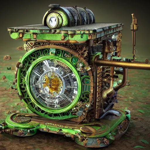 Image similar to steampunk device covered by ornamental green mold and mushrooms, fractal, manderblot, detailed, hyperrealistic, raytrace,