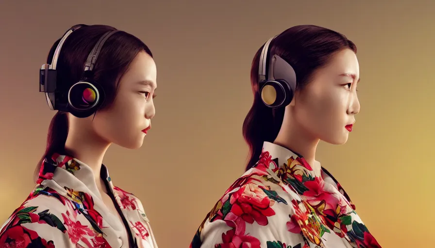 Prompt: a beautiful woman wearing a Gucci Kimono wearing an AR headset posing for a fight, epic upward angle, glowing lights, magic energy in the air, cinematic look, unreal engine, trending on CGI Society, 8k, high resolution,