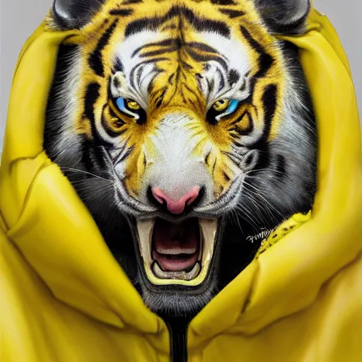 Image similar to a beautfiul award winning aesthetic commission of an antrho albino tiger wearing a yellow-black padded hooded puffer jacket,digital art,art by greg rutkowski,character design by charles bowater,ross tran,photorealistic,detailed face,hyperdetailed,western comic,2021,artstation,deviantart