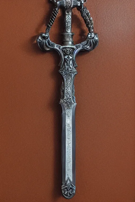 Image similar to sword of justice hanging on a wall, ornate gem in pommel, engraved blade, table at bottom