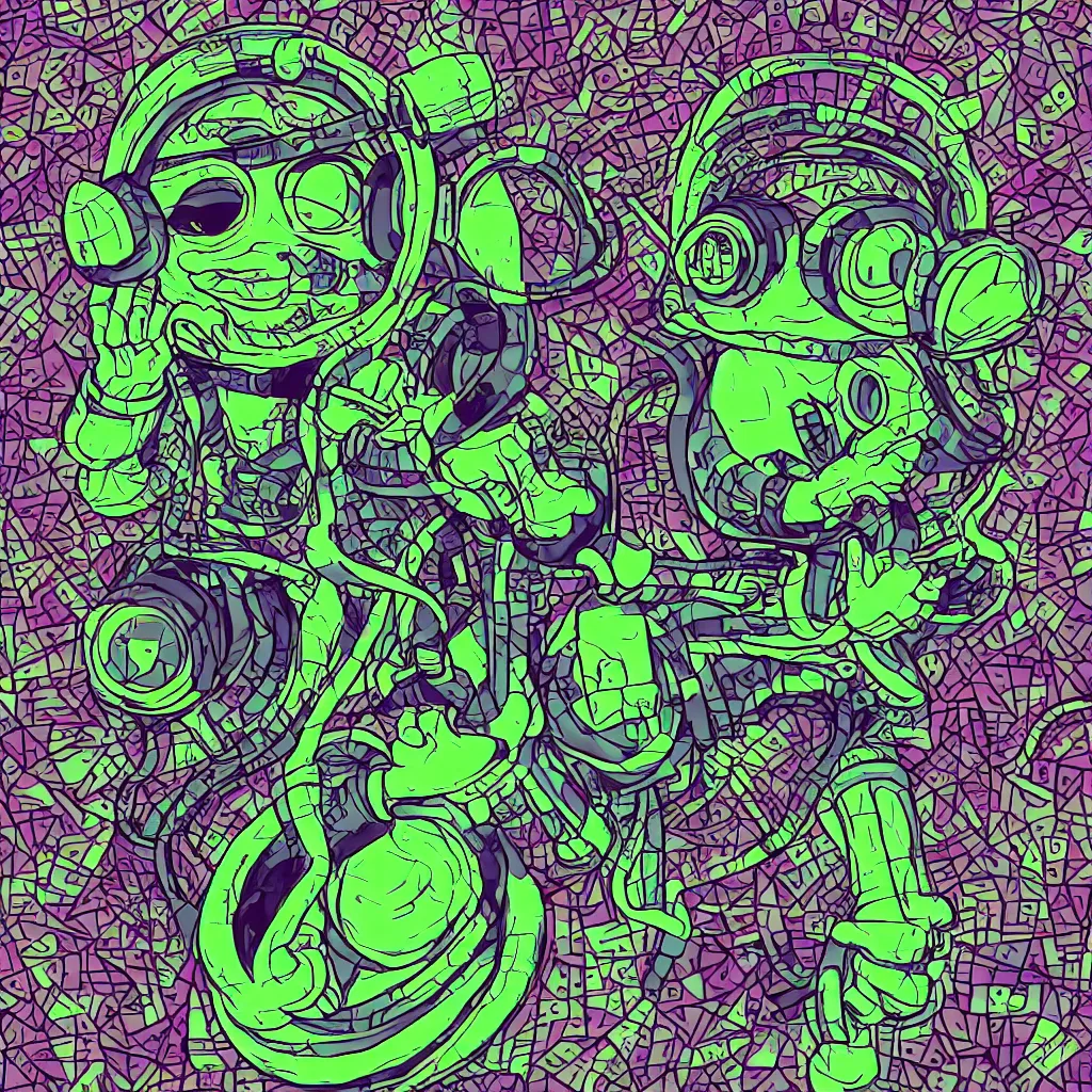 Image similar to a toad wearing headphones, ryuta ueda artwork, breakcore, style of jet set radio, y 2 k, gloom, space, cel - shaded art style, sacred geometry, data, minimal, code, cybernetic, dark, eerie, cyber