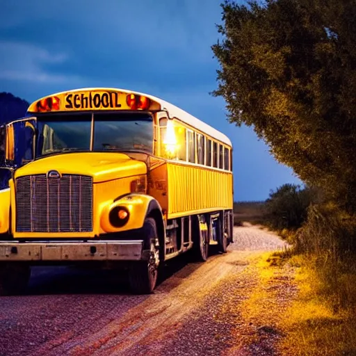 Prompt: a school bus driving on a dirt road at night photography high quality