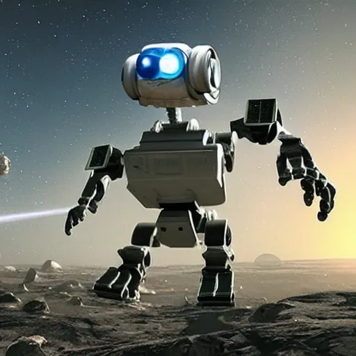 Prompt: 3 d rendered movie still pearlescent quadruped robots from saturn. the robots fight in epic outer space battles and have disco dance contests on saturn. science fiction, blockbuster movie, imax, 7 0 mm, 4 k, future, computer - animated science fiction film, space odyssey, bladerunner, silent running, wall - e