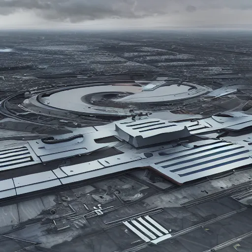 Image similar to sci-fi brutalist airport view from above structure on the coronation of napoleon painting and digital billboard point cloud in the middle, unreal engine 5, keyshot, octane, artstation trending, ultra high detail, ultra realistic, cinematic, 8k, 16k, in style of zaha hadid, in style of nanospace, colors in style of the Blade Runner 2049, in plastic, dark, tilt shift,