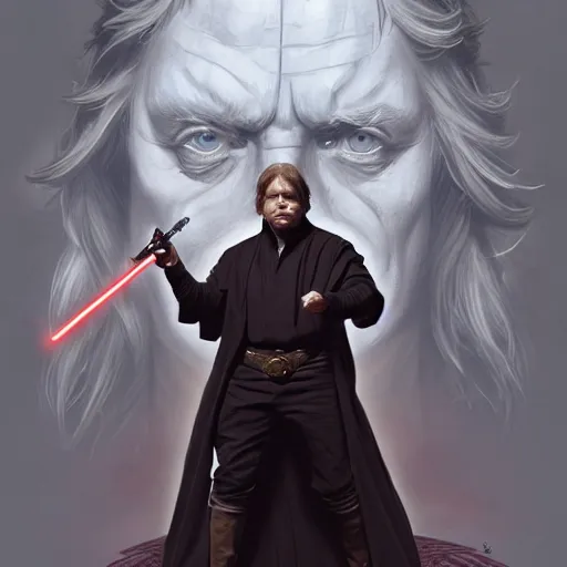 Image similar to Mark Hamill as a Sith Lord, western, D&D, fantasy, intricate, elegant, highly detailed, digital painting, artstation, concept art, matte, sharp focus, illustration, art by Artgerm and Greg Rutkowski and Alphonse Mucha