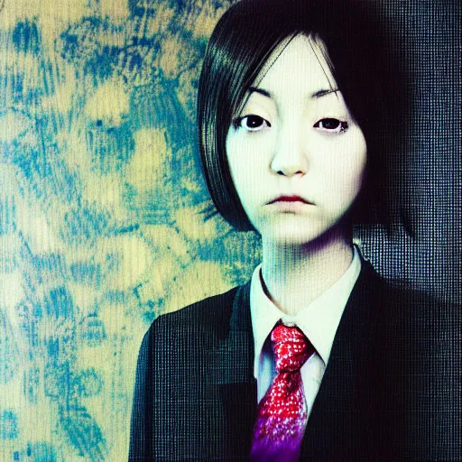 Image similar to yoshitaka amano blurred and dreamy realistic three quarter angle portrait of a young woman with short hair and black eyes wearing office suit with tie, junji ito abstract patterns in the background, satoshi kon anime, noisy film grain effect, highly detailed, renaissance oil painting, weird portrait angle, blurred lost edges