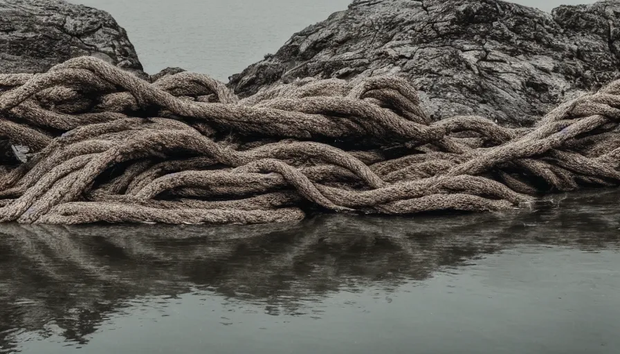 Image similar to rope floating to surface of water in the middle of the lake, overcast lake, rocky foreground, 2 4 mm leica anamorphic lens, moody scene, stunning composition, hyper detailed, color kodak film stock