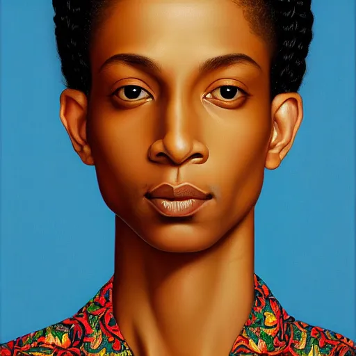 Prompt: A portrait of a skinny trendy and enchanting non-binary person, light skin tone, Indian, oil painting by Kehinde Wiley, majestic, detailed, high resolution