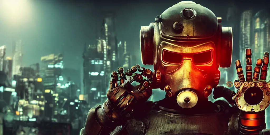 Image similar to cyberpunk cat wearing robotic mask and waving, fallout 5, studio lighting, deep colors, apocalyptic setting