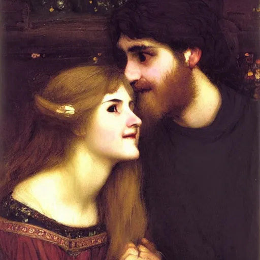 Prompt: black haired woman and man with long blond hair and smiling, john william waterhouse, soft lighting, romantic, love