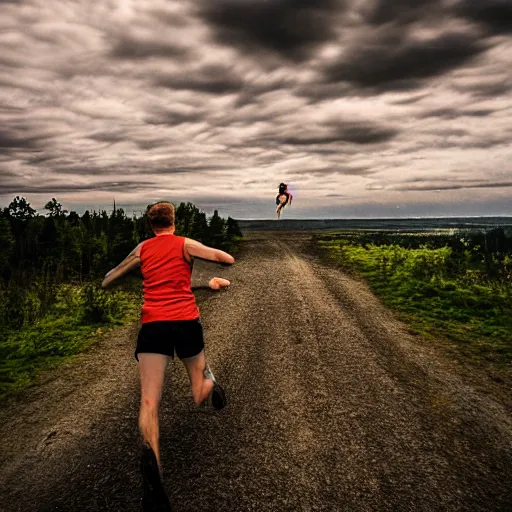 Image similar to running into the sky by Hugo Simberg, 4k, post-processing, dramatic lighting, intense moment