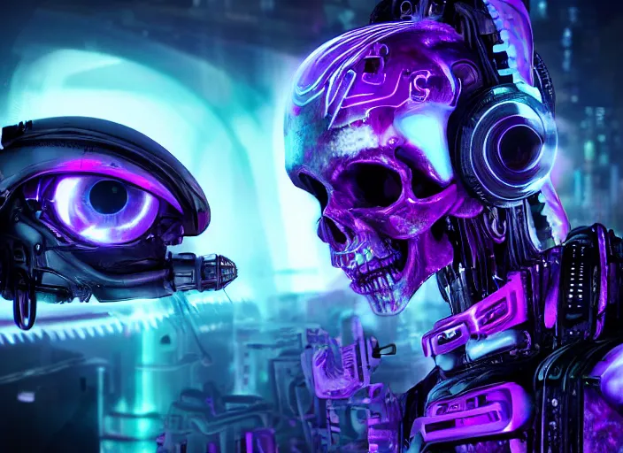 Image similar to a futuristic skull with glowing eyes and a purple background, cyberpunk art by android jones, behance contest winner, computer art, darksynth vaporwave, rendered in cinema 4 d