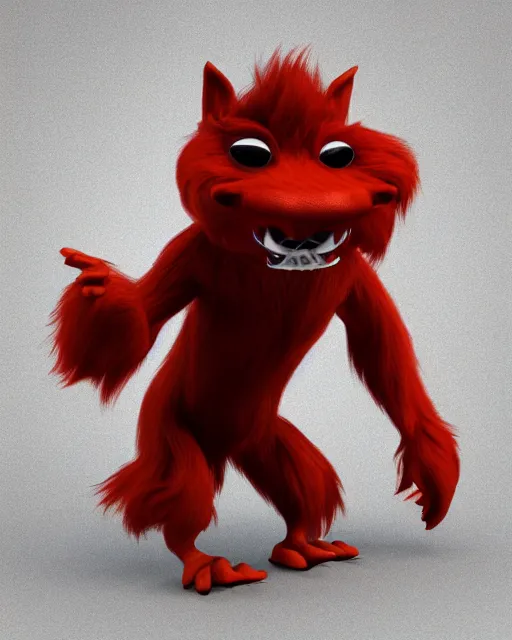 Image similar to 3 d render of completely red hairy friendly antropomorphic cartoony creature wearing chrome shades, without nose, full body, simple, cute, white background, unreal engine 5 hdr