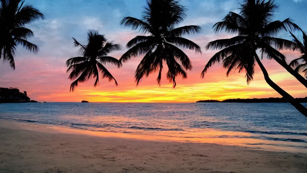 Image similar to A beach with a beautiful sunset with palm trees