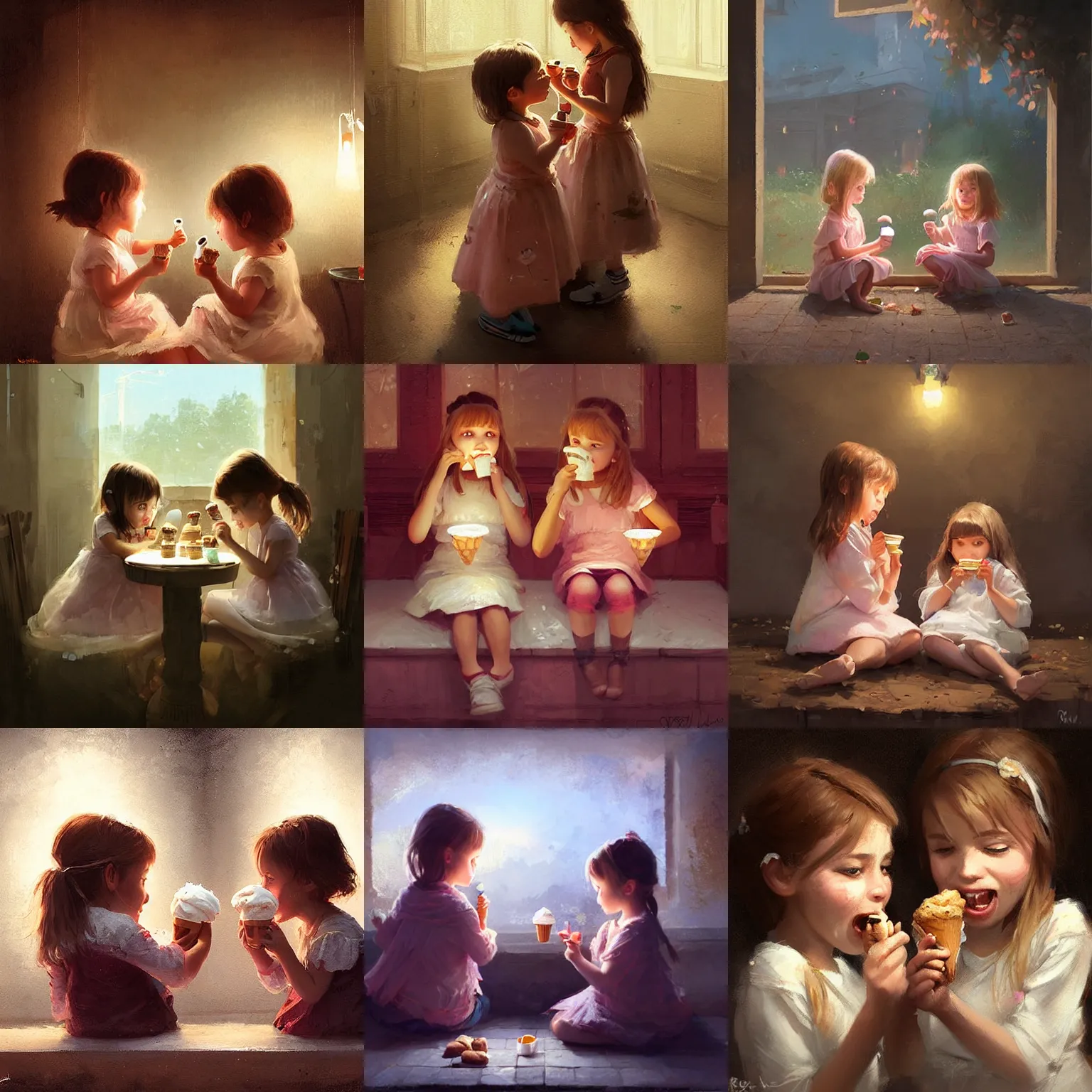 Prompt: two cute little girls eating ice creme. warm ambient lighting. highly detailed digital painting by greg rutkowski.