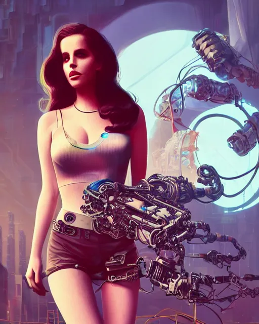 Prompt: portrait of lana del rey as a cyberpunk cyborg. roses, sci - fi, intricate abstract upper body intricate artwork, by tooth wu, wlop, beeple, dan mumford. concept art, octane render, deviantart, greg rutkowski, cinematic arthouse, key art, hyper realism, iridescent accents