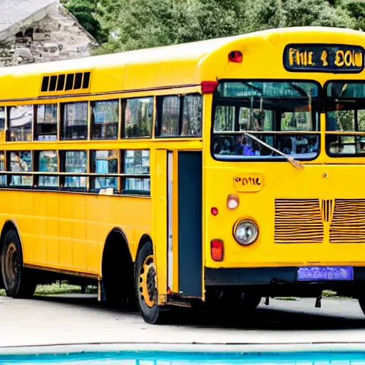 Image similar to A yellow bus, on top of the bus there is a pool and barbecue filled with people having a party, photograph