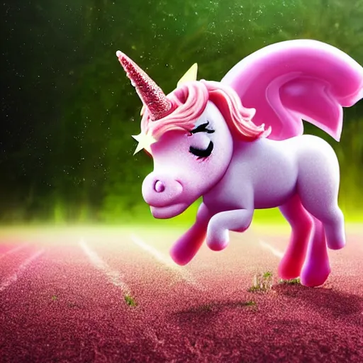 Prompt: a pretty pink unicorn character eating a little hamburger on the ground in a soccer field | digital art | very high quality | very detailed | totally awesome | very cute | horselike