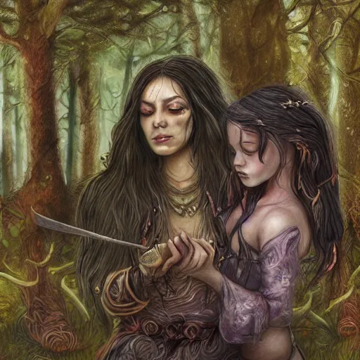 Image similar to sensual girl warrior making a ritual with her daughter in a magical forest by leesha hannigan, fantasy, highly detailed faces, artwork