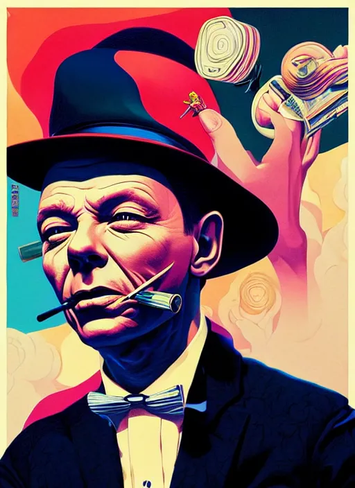 Image similar to frank sinatra smoking acigar, tristan eaton, victo ngai, artgerm, rhads, ross draws