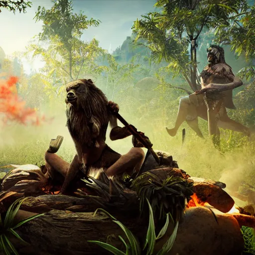 Image similar to spartan high on peyote at jungle campfire below full moon in the style of far cry primal, 8 k