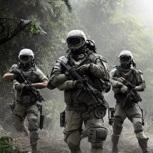 Image similar to Mercenary Special Forces soldiers in light grey uniforms with black armored vest and helmet escorting a VIP in the jungles of Tanoa, combat photography by Feng Zhu, highly detailed, excellent composition, cinematic concept art, dramatic lighting, trending on ArtStation